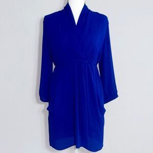 Bar III Women's Dress Long Sleeves Tie Waist Belt V-Neckline Pockets Blue XS